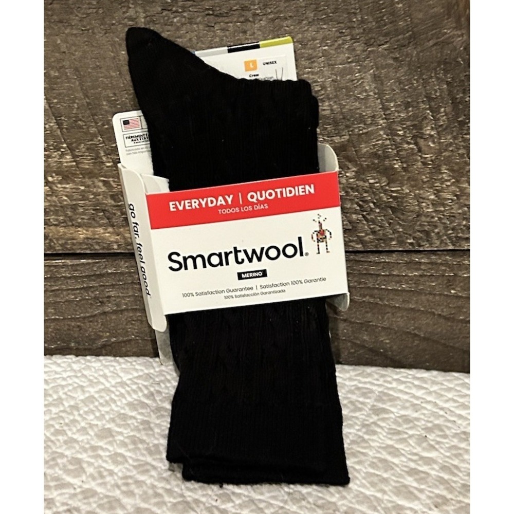 New Smartwool Everyday Solid Rib Crew Socks Black Light Cushion Large Wool